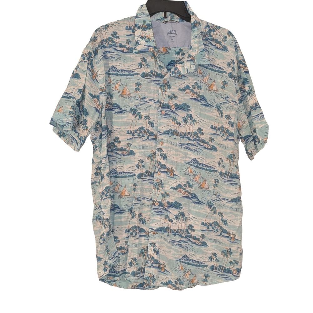 IZOD Saltwater Mens XXL Hawaiian Shirt Blue Scenic Sailboat Relaxed Fit NEW $55